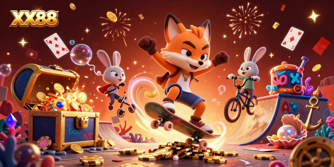 XX88 offers a vibrant casino scene with a fox and rabbit character immersed in gaming excitement.