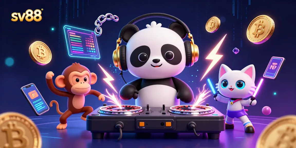 Experience sv88's vibrant casino scene featuring a DJ panda and crypto elements.