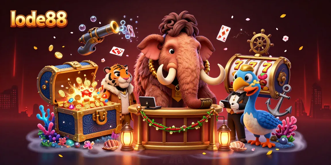 Lode88 invites gamblers with a vibrant, animated casino scene, featuring unique characters amidst stunning treasures.