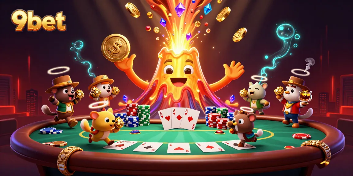 Experience thrilling plays at 9bet with a vibrant scene featuring treasure-filled volcanoes and poker tables.