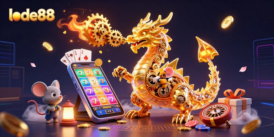 Engage with lode88's vibrant gaming scene, featuring a majestic dragon, animated games, and golden treasures.