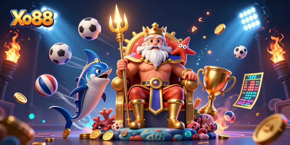 Xo88 showcases a lively sports betting scene with Neptune and dynamic sports elements.