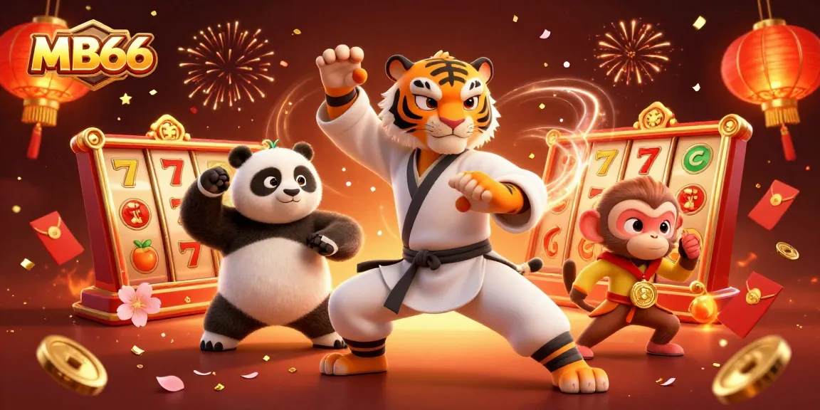 Immerse in the excitement of MB66 casino with a tiger master, panda disciple, and a monkey student in a vibrant, rich celebration scene.