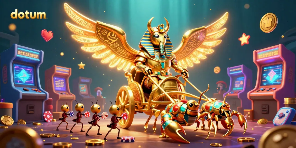 Engage with datum in a vibrant 3D casino illustration featuring casino elements around a pharaoh beetle.