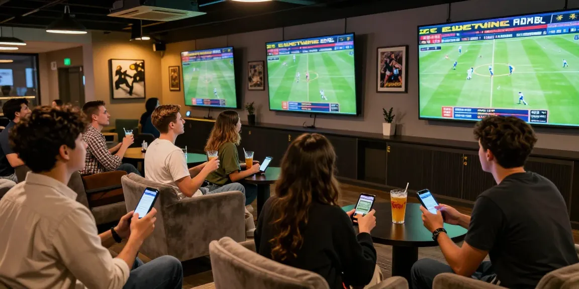 Engaging scene showcasing friends enjoying sports betting through the 22Bet app in a vibrant lounge.