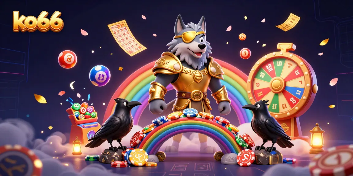 Experience the thrill of ko66 with a vibrant casino-themed 3D illustration featuring Odin and dynamic gambling elements.