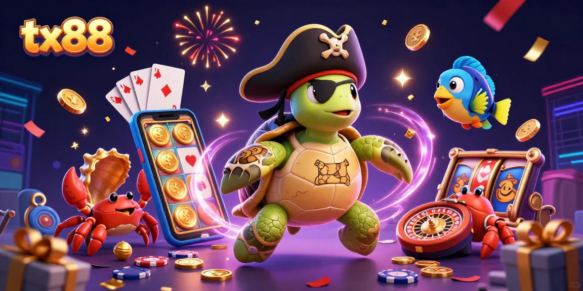Experience the excitement of tx88 with a vibrant 3D casino scene featuring a pirate turtle and slot games