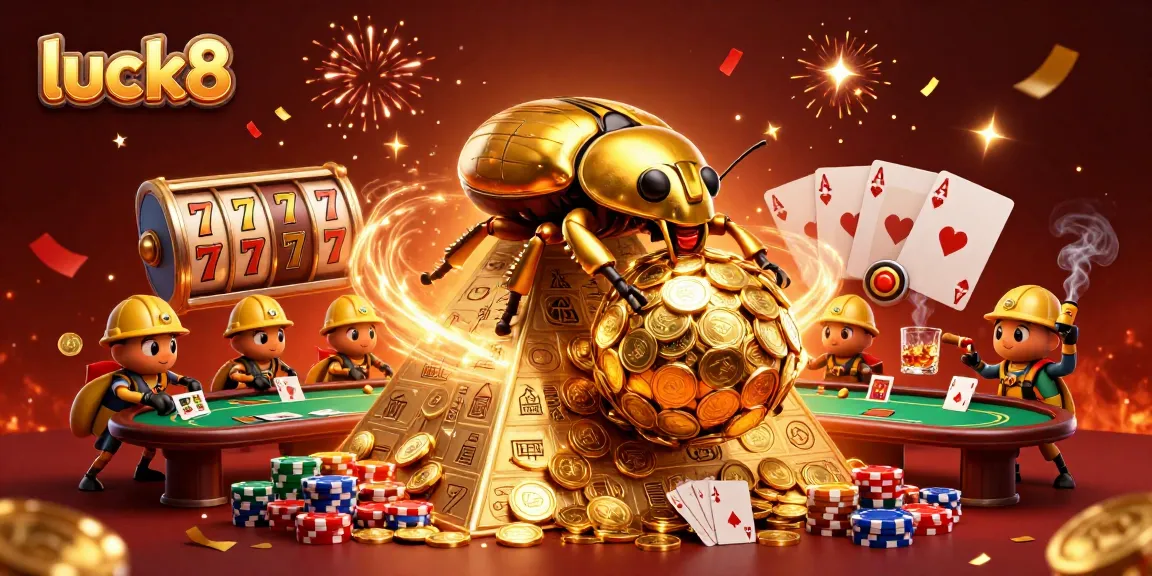 Experience thrilling luck8 action with golden beetles in a bustling casino scene full of jackpot excitement.