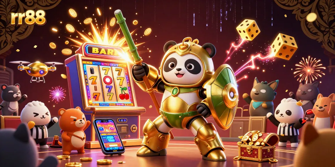 Experience thrilling gameplay at rr88 with a golden panda in a mech-suit amidst vibrant casino scenes.
