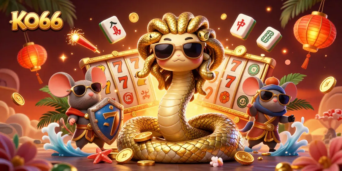 KO66 features a friendly Medusa and warrior mouse amid vibrant slot machines, enhancing gaming excitement.